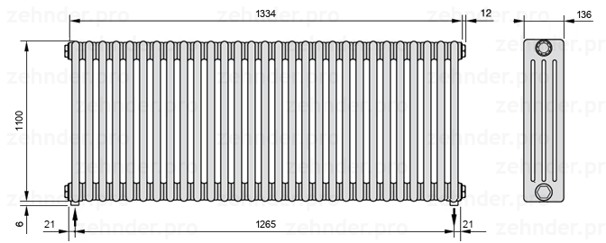 Схема (чертеж) Радиатор Zehnder Charleston 4110/29 №5310 Белый глянцевый RAL 9016